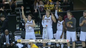 UWM bench celebrating a made three-pointer in overtime. The game was televised on ESPN 2. (Image from espn.com)